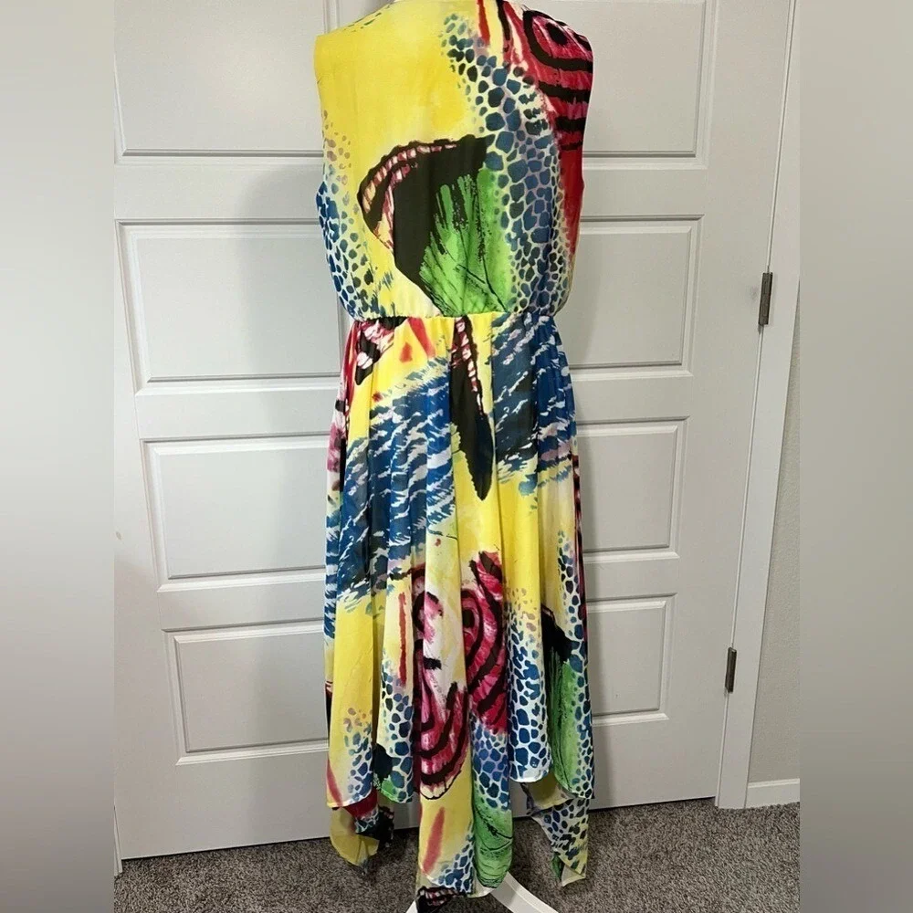 EY Signature Abstract Print Maxi Dress Colorful Sleeveless V Neck Flowy Size LG‎